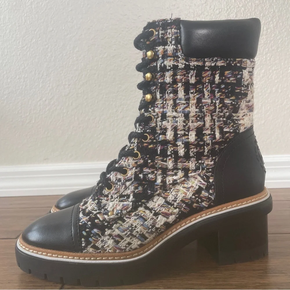 Tory Burch tweed combat boots fall boots winter boots lace up boots black bootie